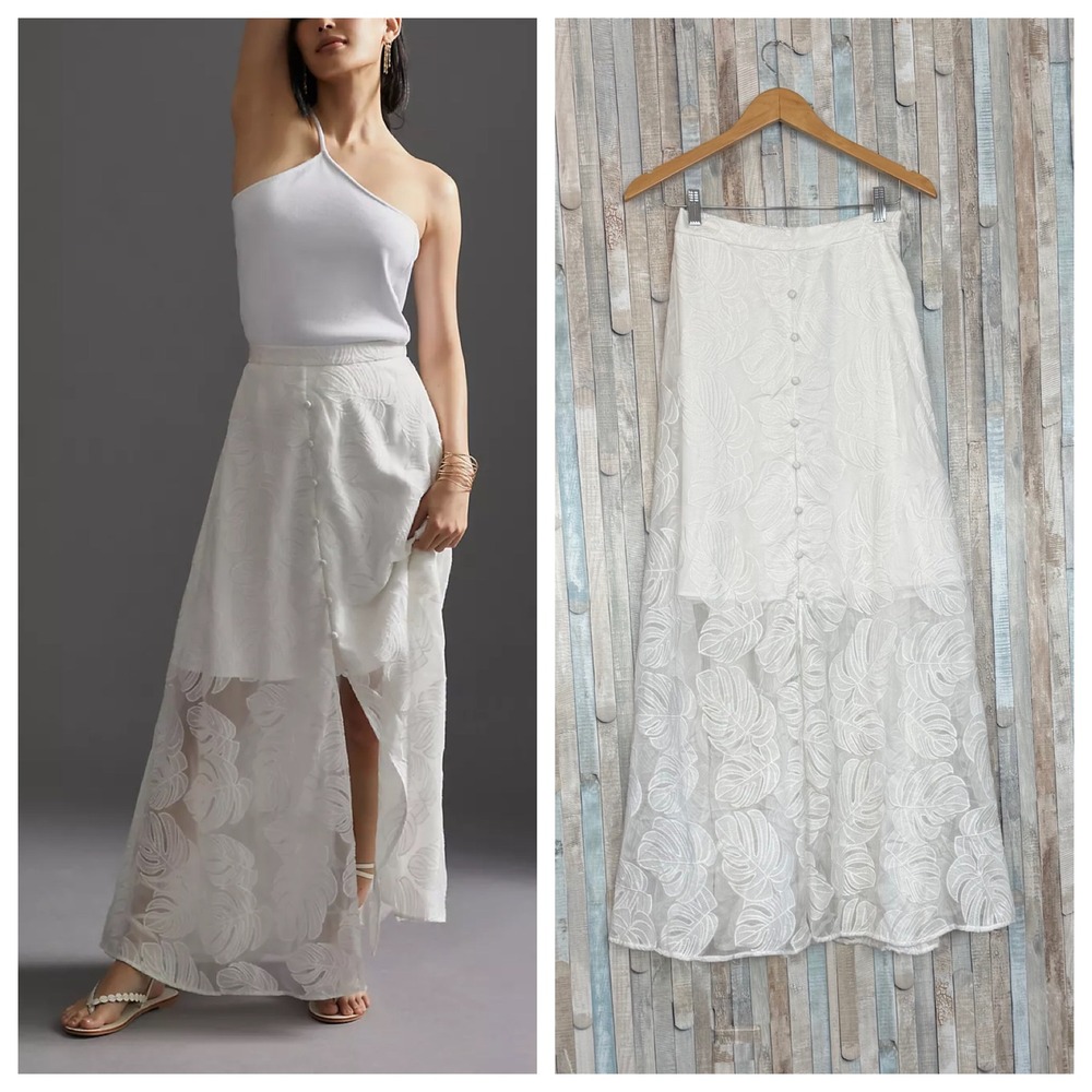 Anthropologie S Hutch Deco Leaf Maxi Skirt White Embroidered Tropical Mesh Lace